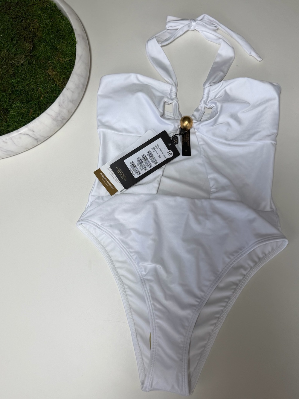 ViX Paula Hermanny Solid Brenda One Piece Swimsuit White - Gold Bead - Women’s M